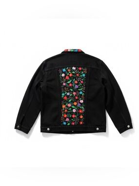 Black Denim Jacket with handmade native Floral Embroidery new